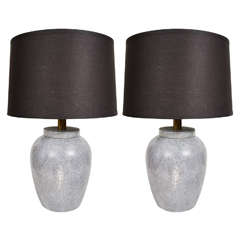 Pair of Shagreen Glazed Pottery Lamps in Grey Porcelain 