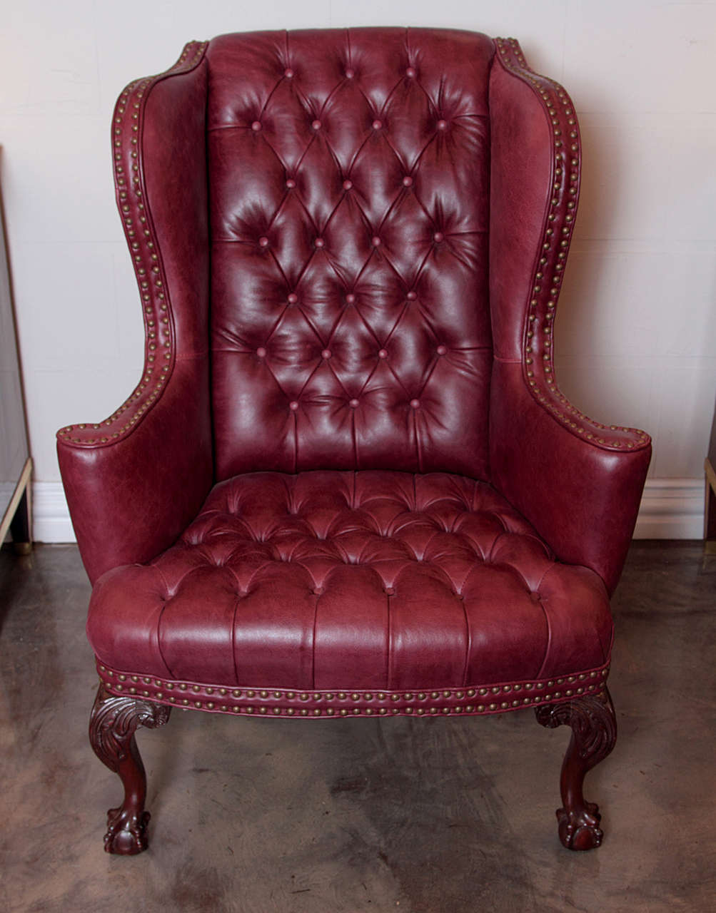 19th Century English Tufted Leather Chippendale Wing Chair 3