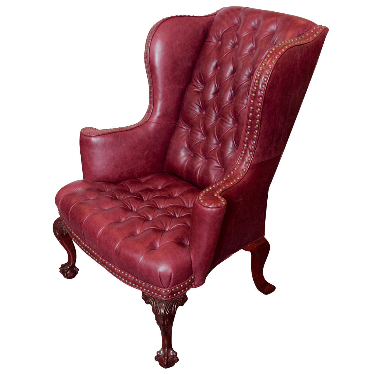 19th Century English Tufted Leather Chippendale Wing Chair
