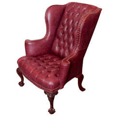 Antique 19th Century English Tufted Leather Chippendale Wing Chair