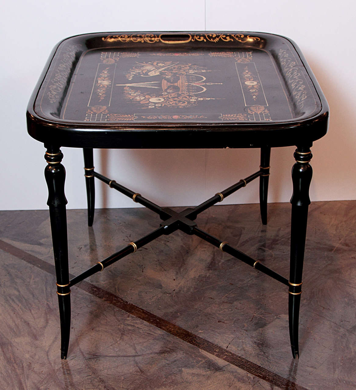 19th century Regency tole painted black lacquered tray table