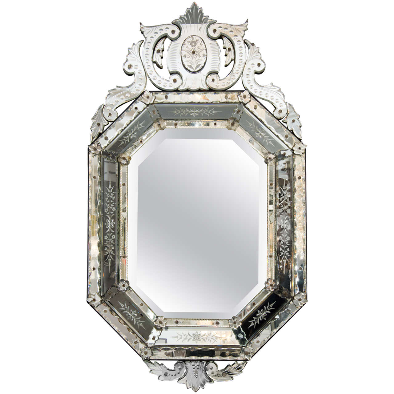 Massive Italian Venetian Mirror Hand Etched Octagon Shaped Early Octagonal 20th Century Venetian Mirror