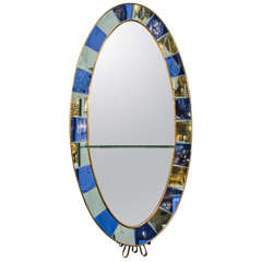 Vintage Crystal Arte Oval Standing Mirror with Beveled Cobalt Glass Frame