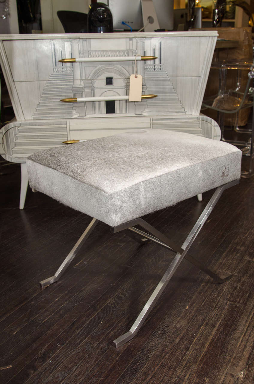 Pair of Jean Michel Frank Style Benches with Chrome Bases. Upholstered in 2 Toned Cowhide, Grey and Cream.