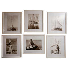 Vintage Group of Six Photos of Beach Scenes in White Lacquer Frames