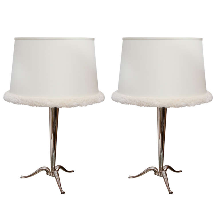 Pair of 40's Style Silver Lamps with Fringed Shades