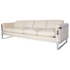 Retro Sleek Polished Stainless Steel and Leather Sofa