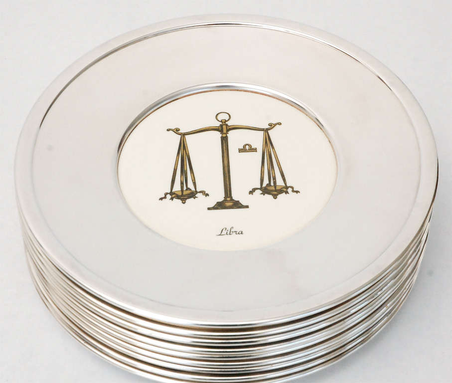 Set of Thirteen Silver Plate and Ceramic Zodiac Plates In Good Condition In Palm Desert, CA