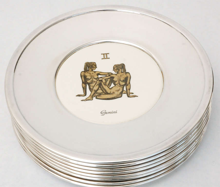 Mid-20th Century Set of Thirteen Silver Plate and Ceramic Zodiac Plates