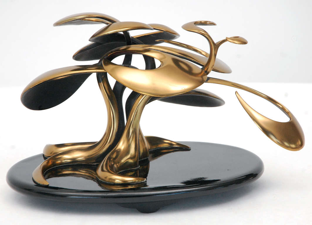 Brass Bonsai Sculpture on Lacquered Wood Base