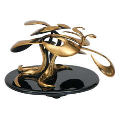 Brass Bonsai Sculpture on Lacquered Wood Base