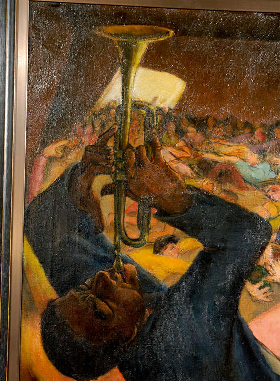 A colorful and dynamic oil on canvas of a dance recording session. Titled 