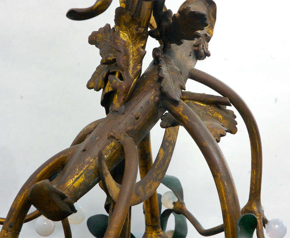 Glass Art Nouveau Bronze Mistletoe Chandelier