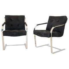 Pair of Polished Steel & Nubuck Chairs by Leon Rosen for Pace