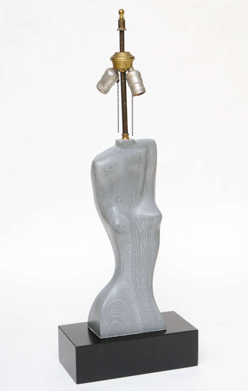 Grey cerused oak female-form lamp by Heifetz. (Shade not included.)