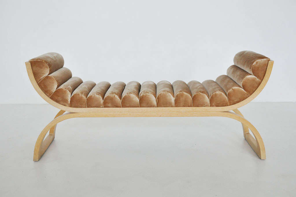 Eclipse bench by Jay Spectre.  Cerused oak frame with new silk velvet upholstery.