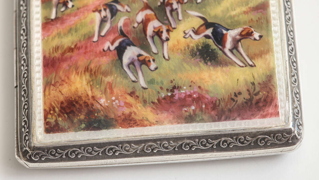 English Sterling Cigarette Case with Enameled Hunting Scene For Sale 2