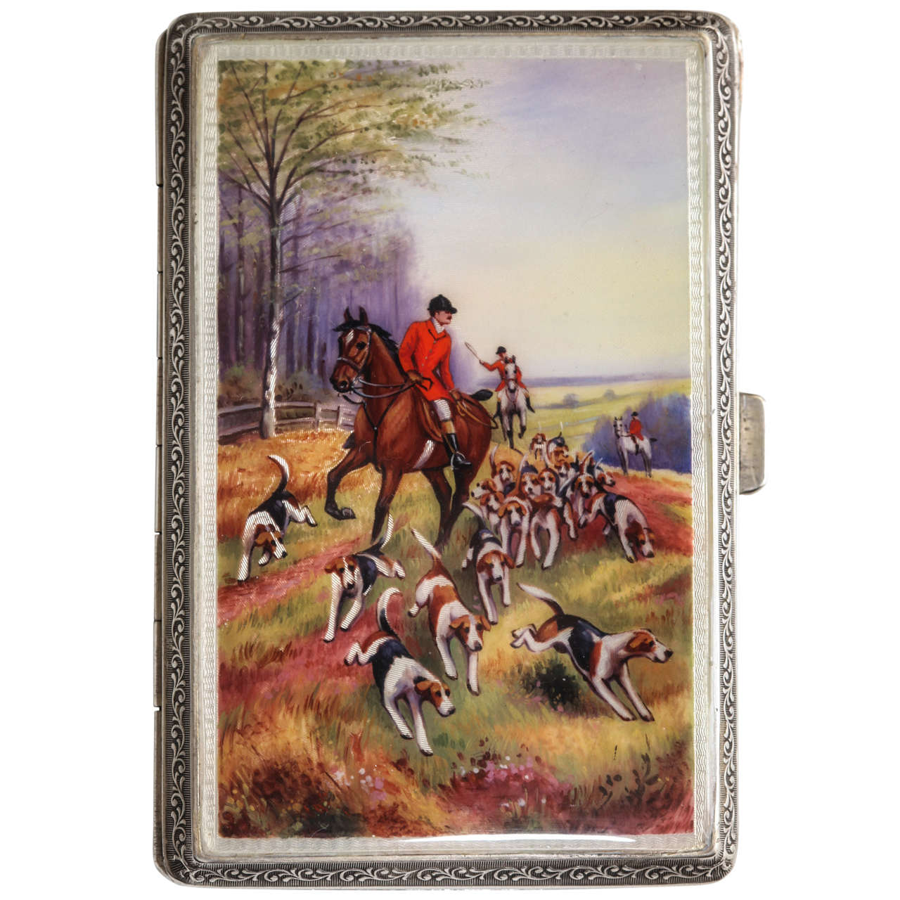 English Sterling Cigarette Case with Enameled Hunting Scene For Sale