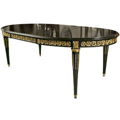 French Louis XVI Style Oval Ebonized Dining Table Scrolled Bronze Banding