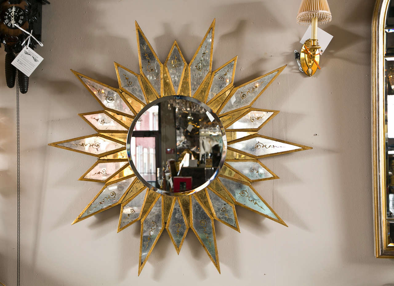 20th Century Pair of Églomisé Glass Sunburst Mirrors