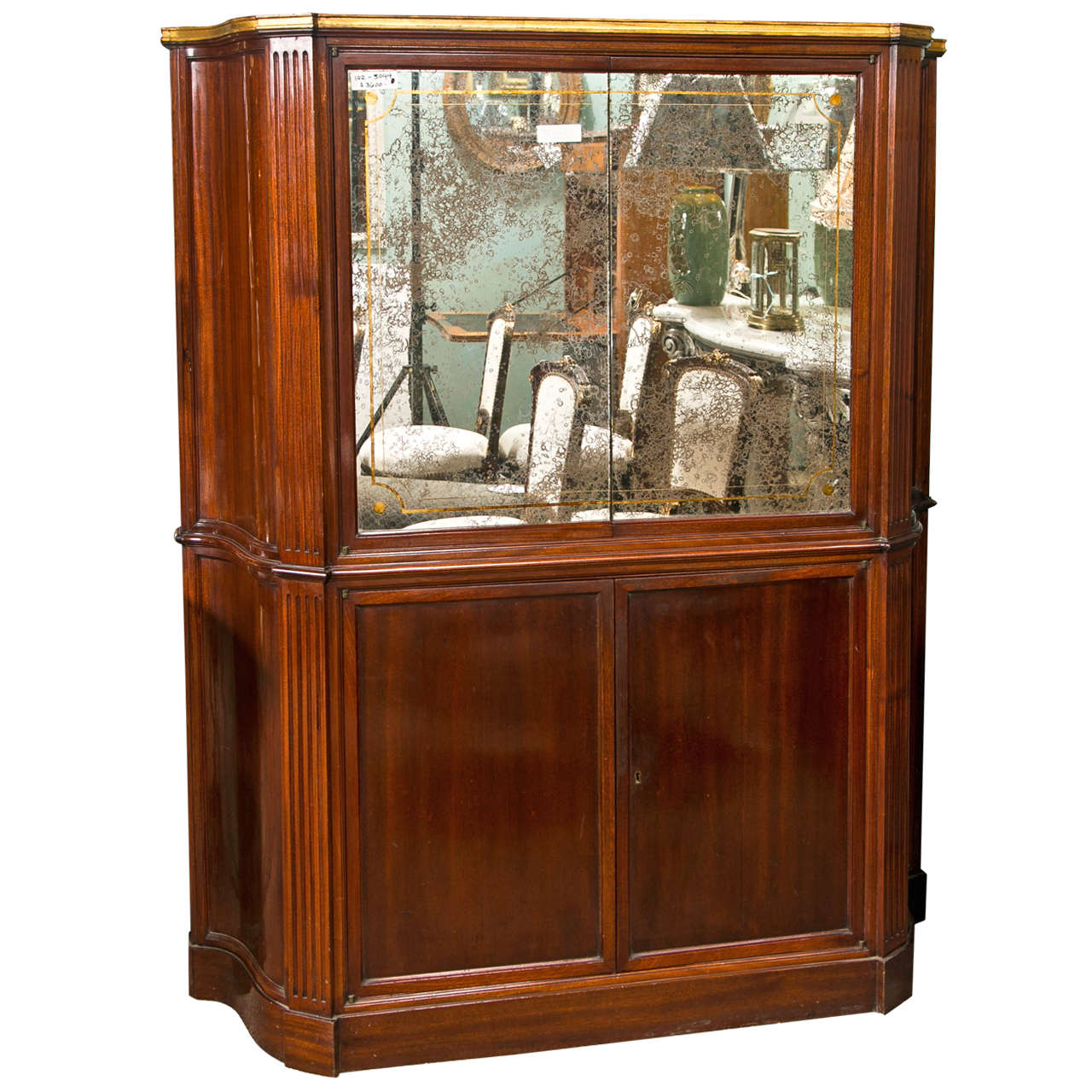 Art Deco Style Mahogany French Bar Or Serving Cabinet Distressed Mirror Doors