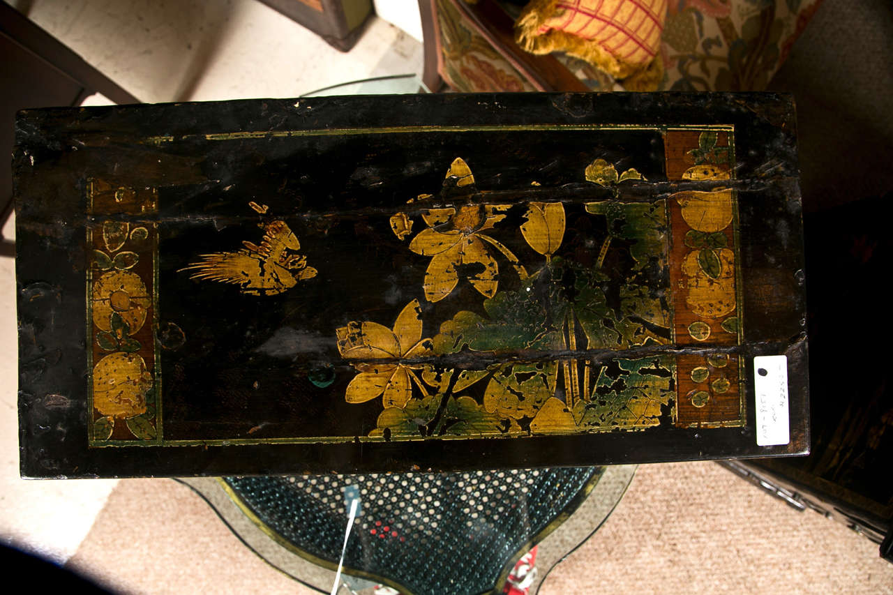 Antique Chinoiserie Style Wooden Chest Hand Painted Scenes Birds Flowers 1