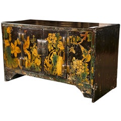 Antique Chinoiserie Style Wooden Chest Hand Painted Scenes Birds Flowers