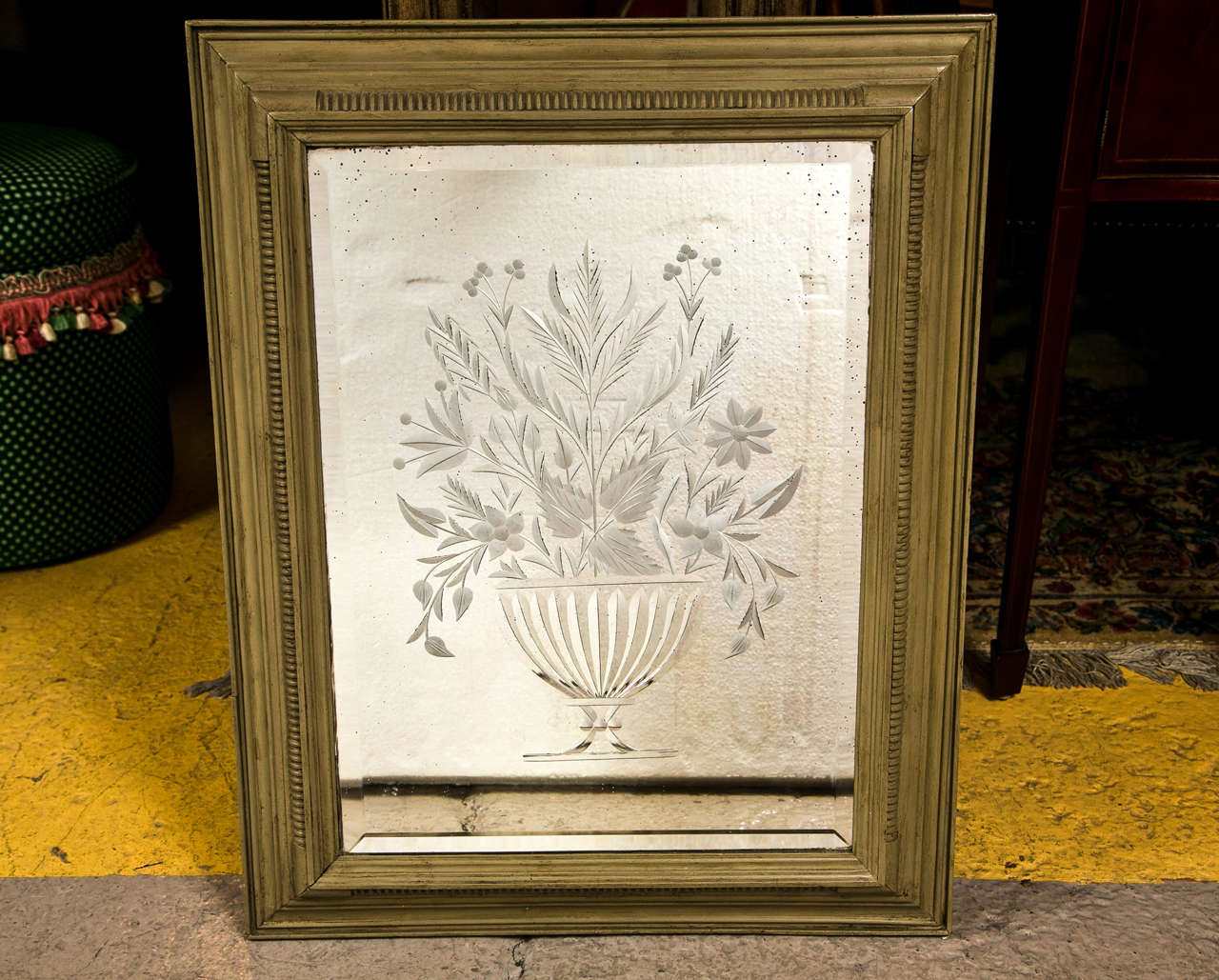 Decorative Framed Etching Mirror In Good Condition In Stamford, CT