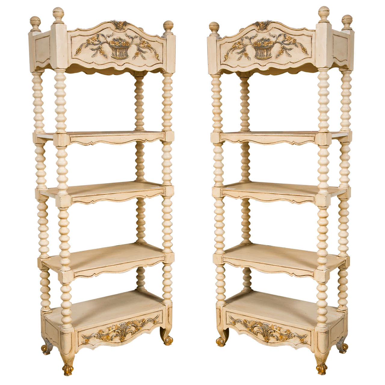 Pair of Decorative Ivory Color Painted Etagere Bookcases With Three Tiers