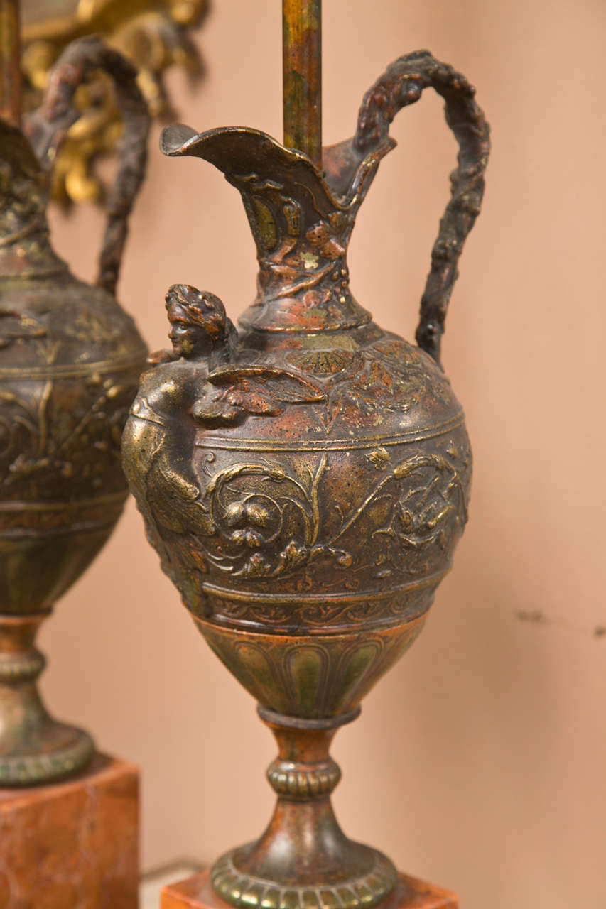 Neoclassical Pair of Bronze Ewers Mounted as Lamps