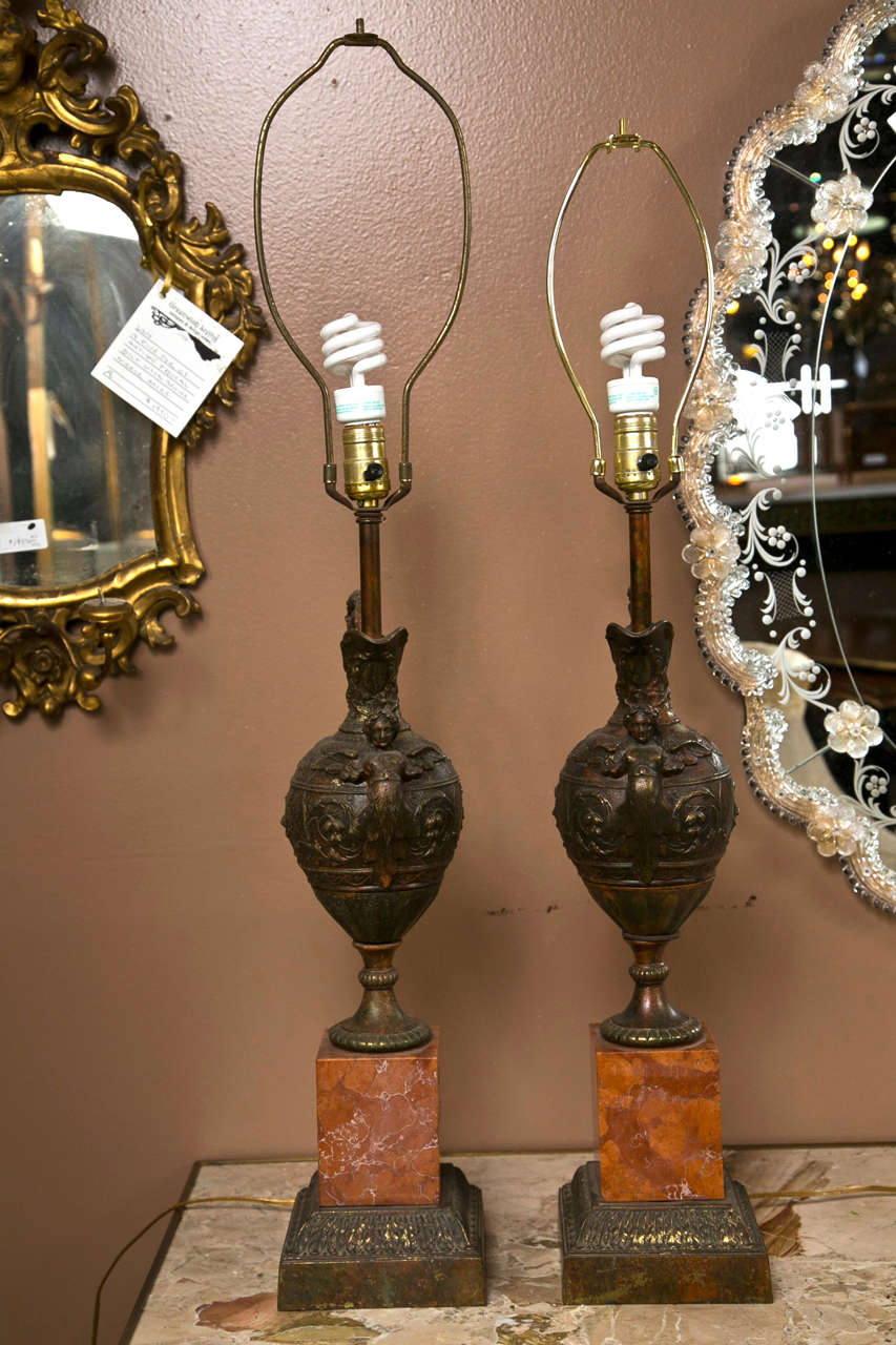 Pair of Bronze Ewers Mounted as Lamps 3