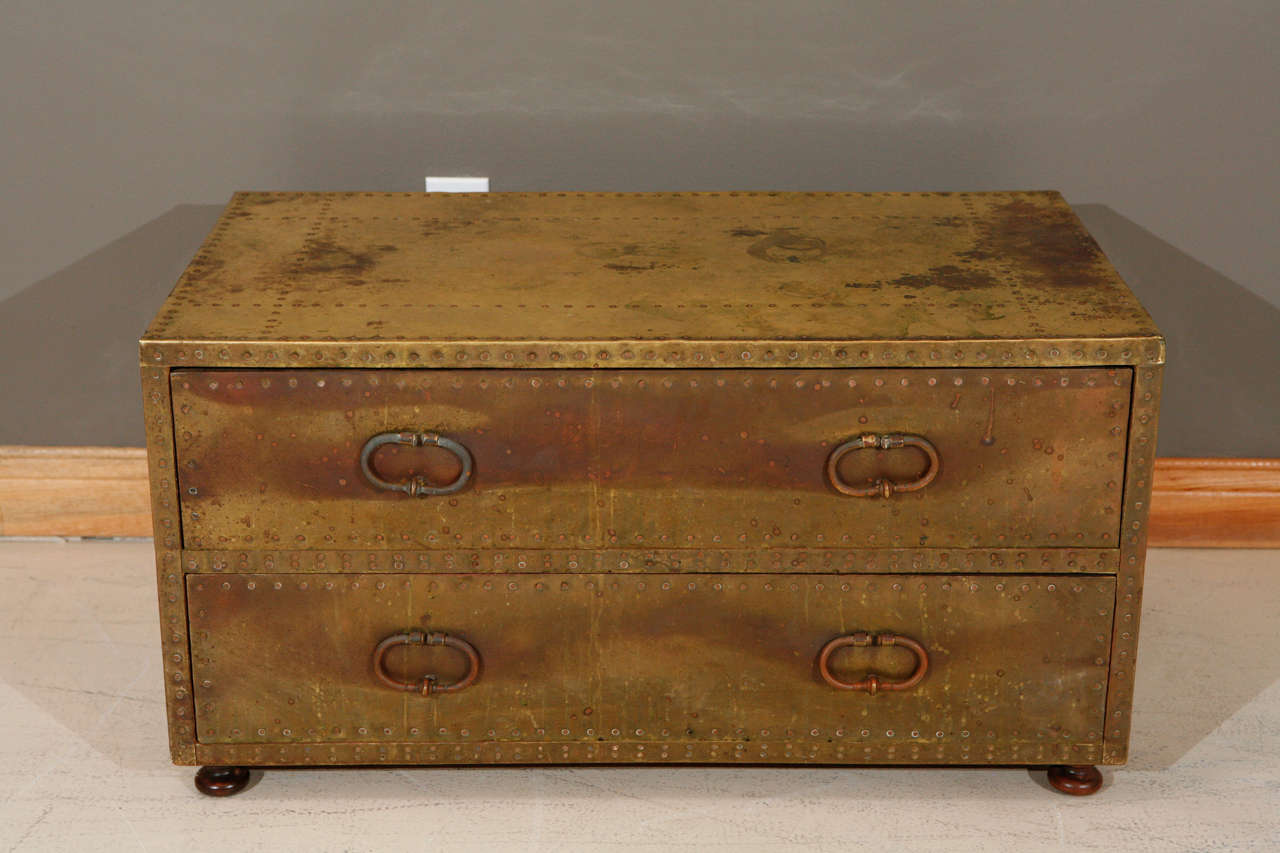 2 Drawer Brass Cabinet by Sarried with heavy patina on brass.