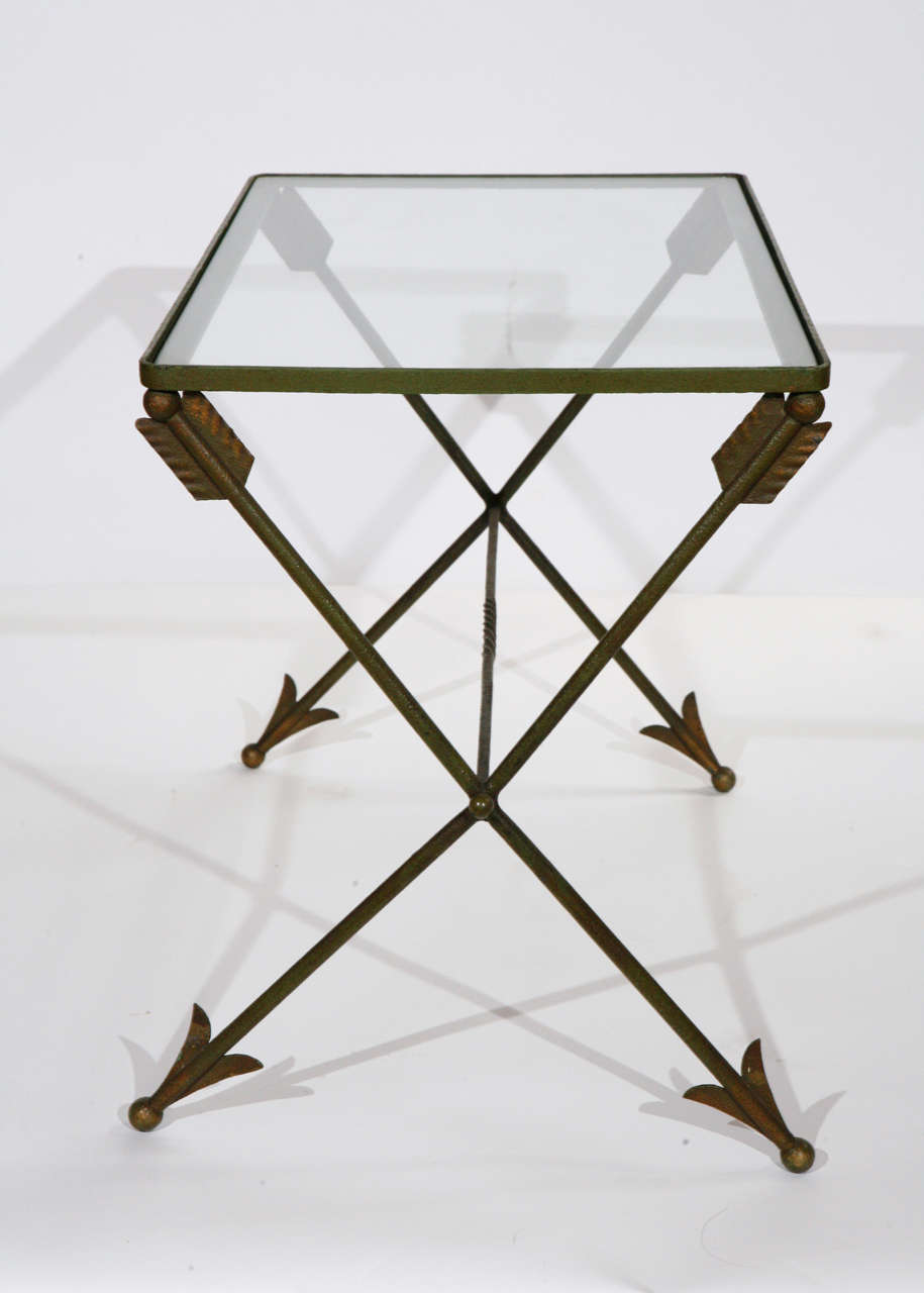 Glass Vintage Green Patinated Metal Italian Arrows Table For Sale