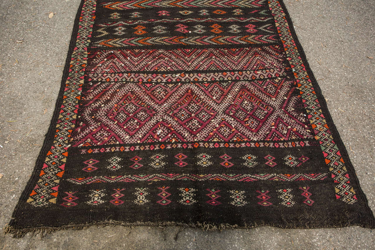 Tribal 1950s Vintage Moroccan Black Zemmour Kilim Runner Rug For Sale