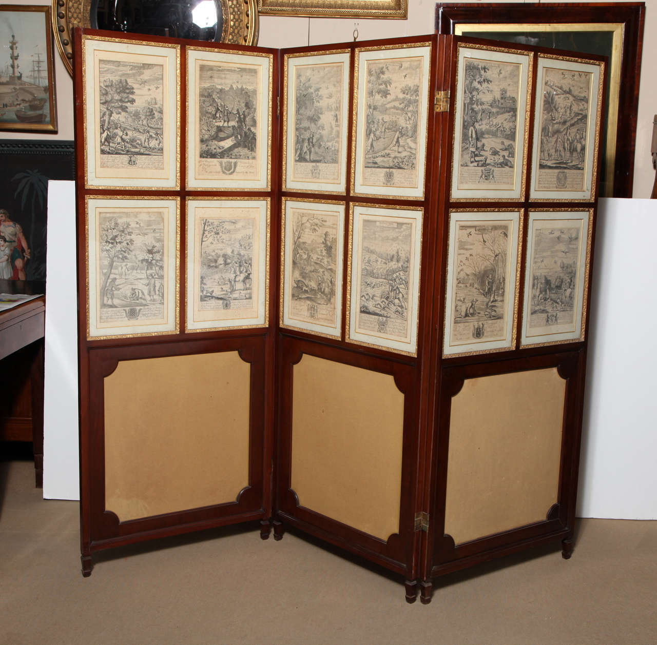Pair of Three Panel English Screens With Steel Engravings of Hunting Scenes