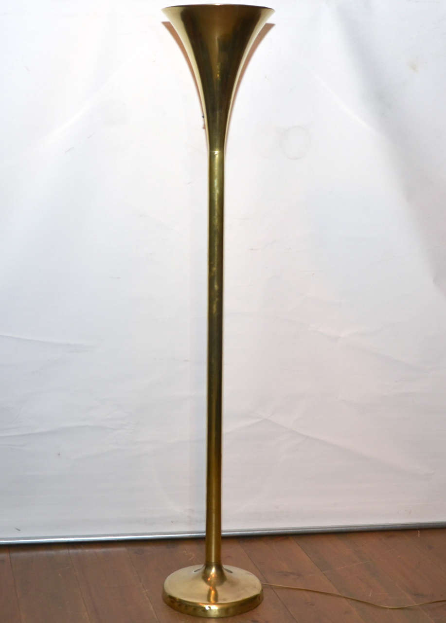 Italian Brass Floor Lamp circa 50. Trumpet shape floor lamp with engraved stamp. Impacts on the base. Normal wear consistent with age and use.