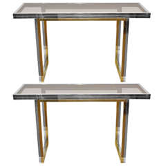 Pair of Chrome and Gilded Steel Consoles circa 70