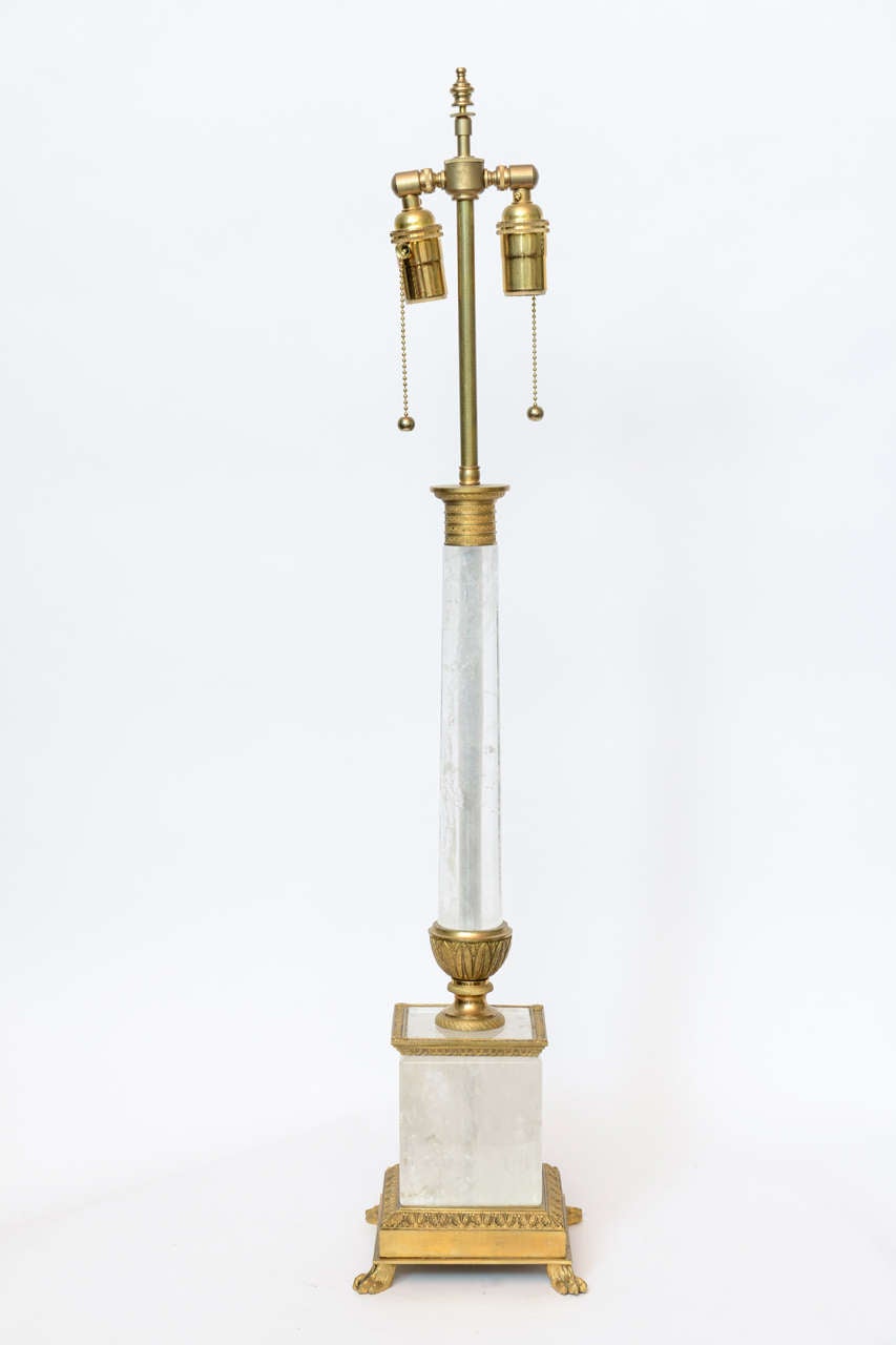 Bronze Pair of Empire Style Rock Crystal Column Lamps For Sale