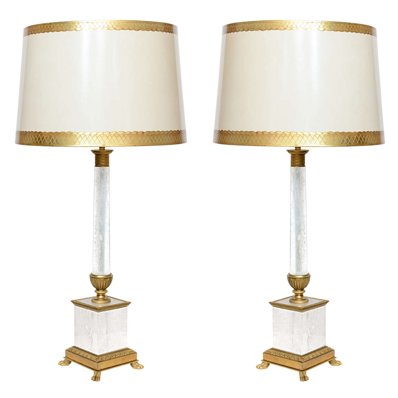 Pair of Empire Style Rock Crystal Column Lamps For Sale