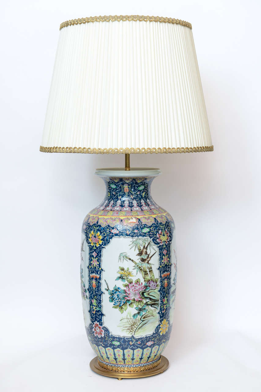 A Pair Of Cobalt Blue Enamel Chinese Porcelain Lamps