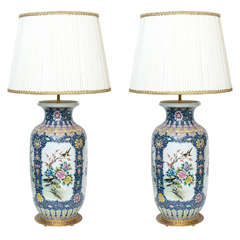 A Pair Of Cobalt Blue Enamel Chinese Porcelain Lamps
