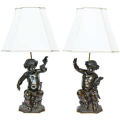 Pair of 19th Century French Patinated Bronze Statues of Putti