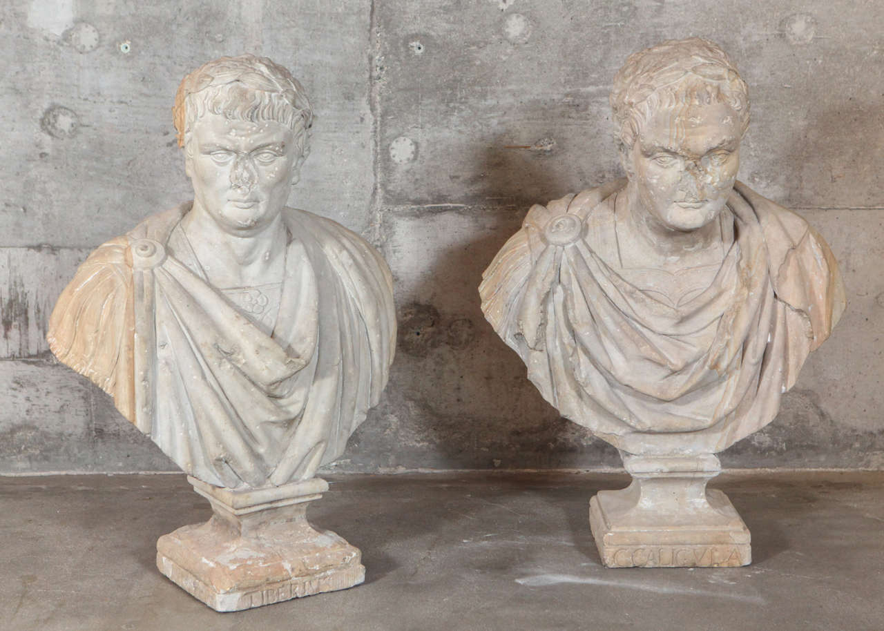Carved sandstone busts of Caligula & Tiberius, 17th-18th century, Denmark.