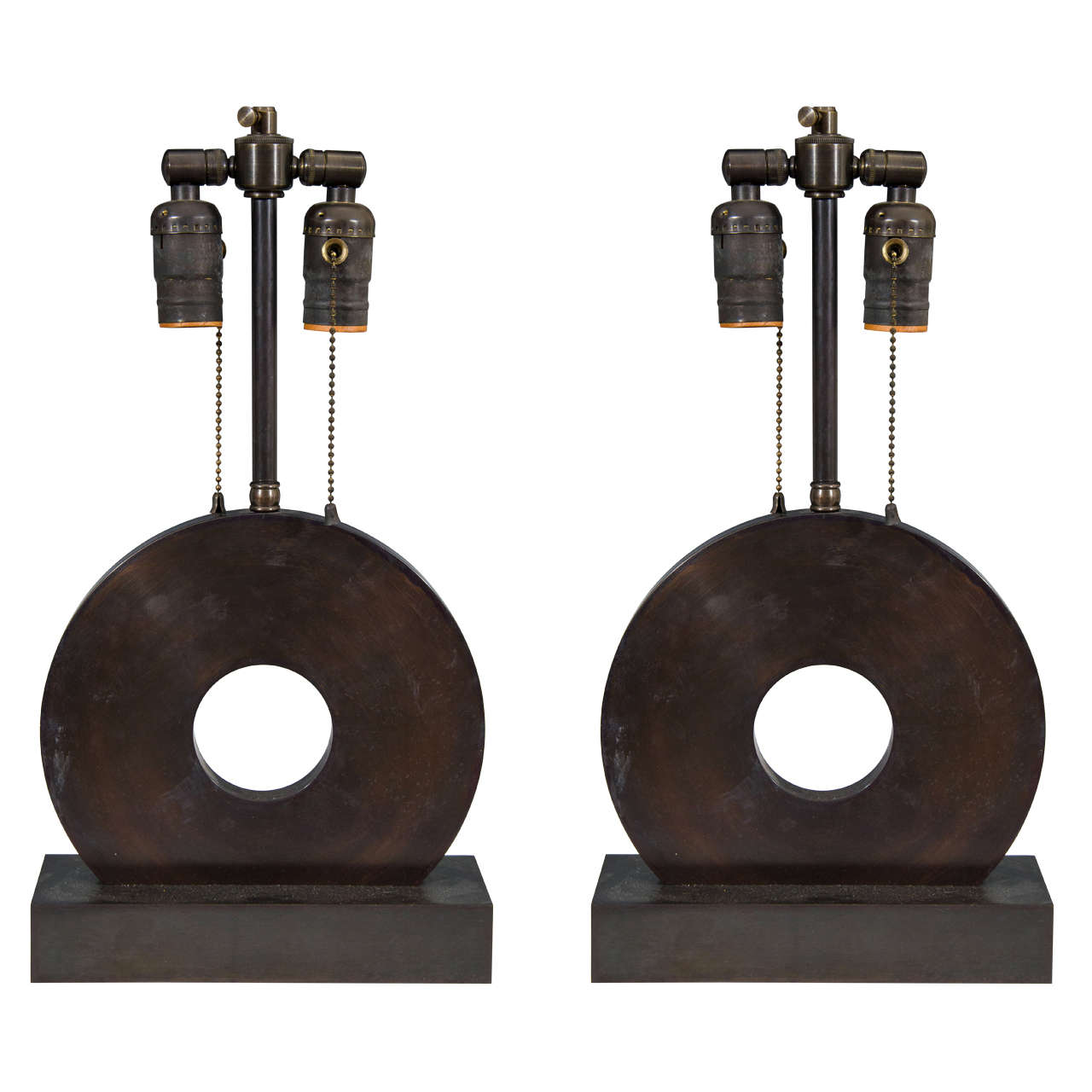 Midcentury Pair of Ring Form Patinated Bronze Table Lamps