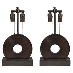 Midcentury Pair of Ring Form Patinated Bronze Table Lamps