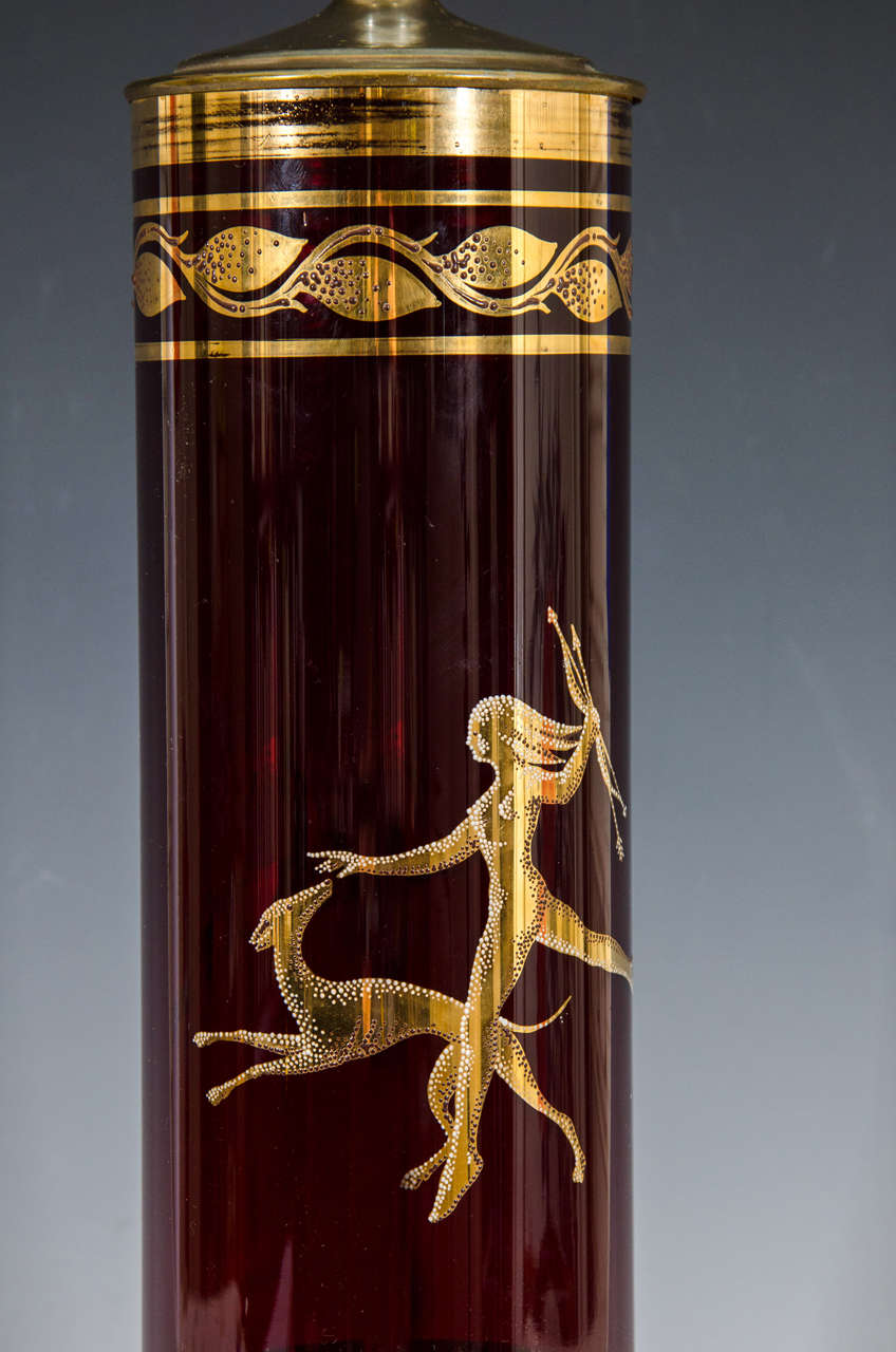 Midcentury Ruby Colored Glass Table Lamp with Figural Design of Woman and Dog In Good Condition For Sale In New York, NY