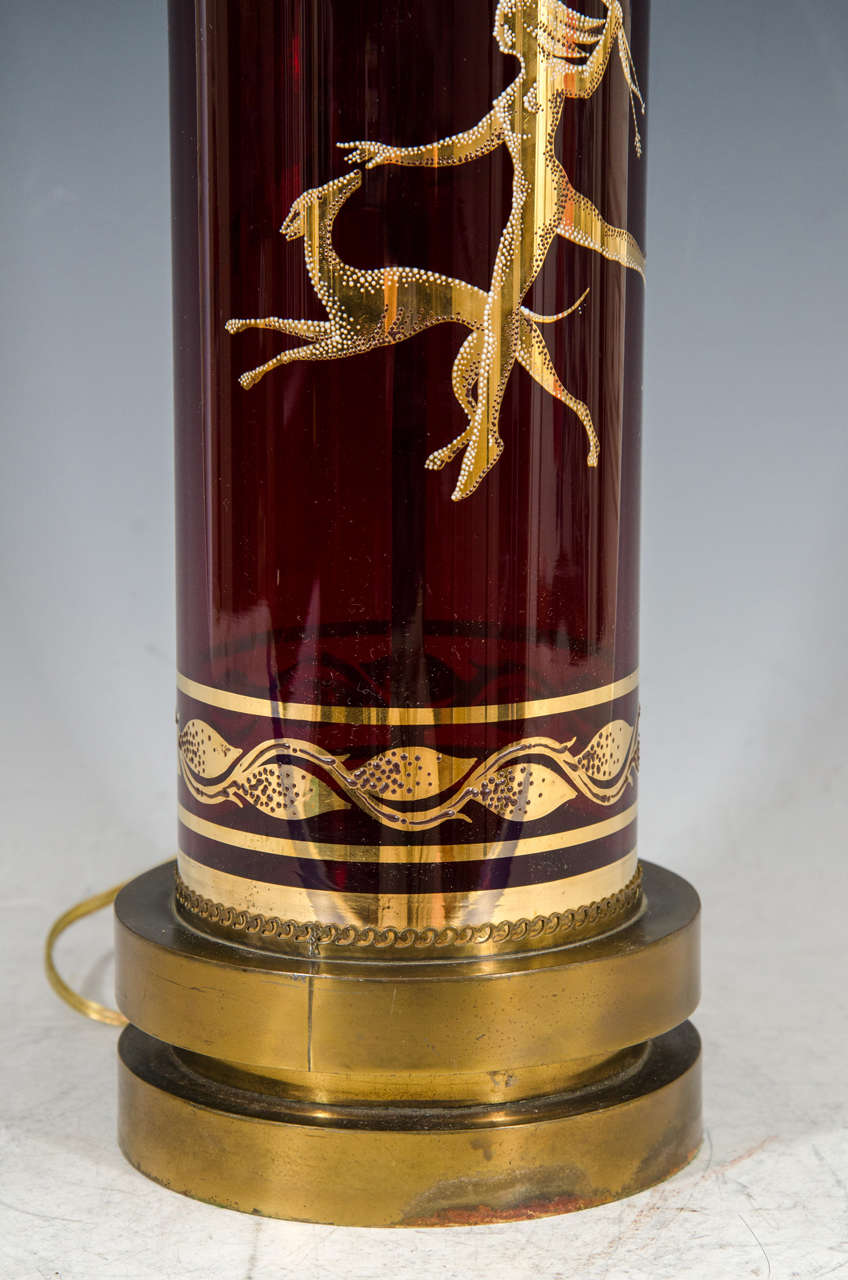 Late 20th Century Midcentury Ruby Colored Glass Table Lamp with Figural Design of Woman and Dog For Sale