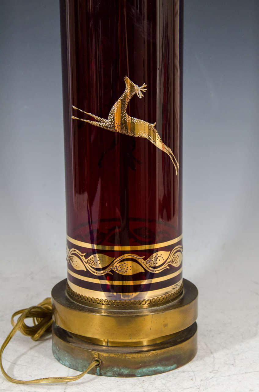 Midcentury Ruby Colored Glass Table Lamp with Figural Design of Woman and Dog For Sale 1