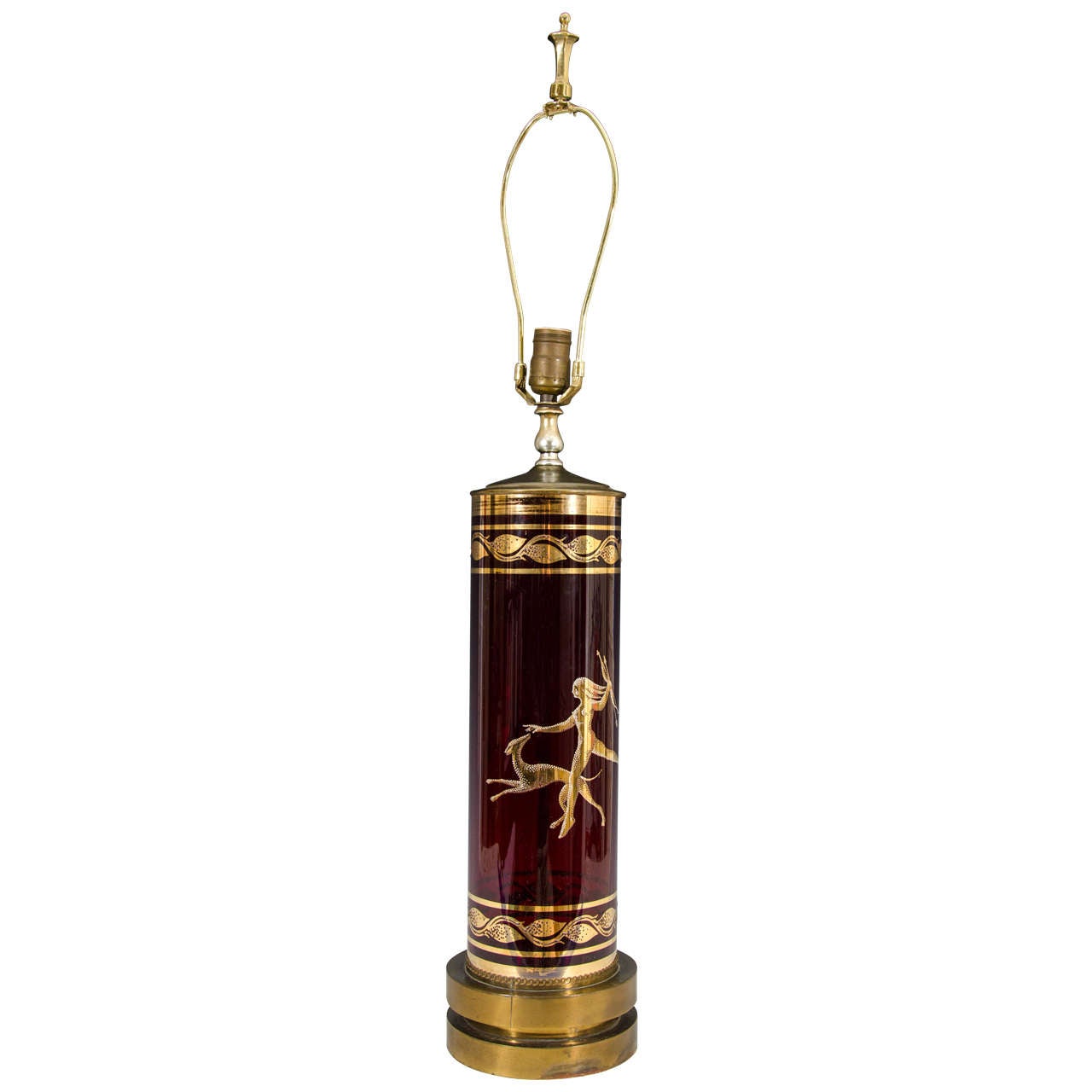 Midcentury Ruby Colored Glass Table Lamp with Figural Design of Woman and Dog For Sale