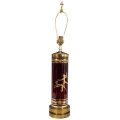 Retro Midcentury Ruby Colored Glass Table Lamp with Figural Design of Woman and Dog